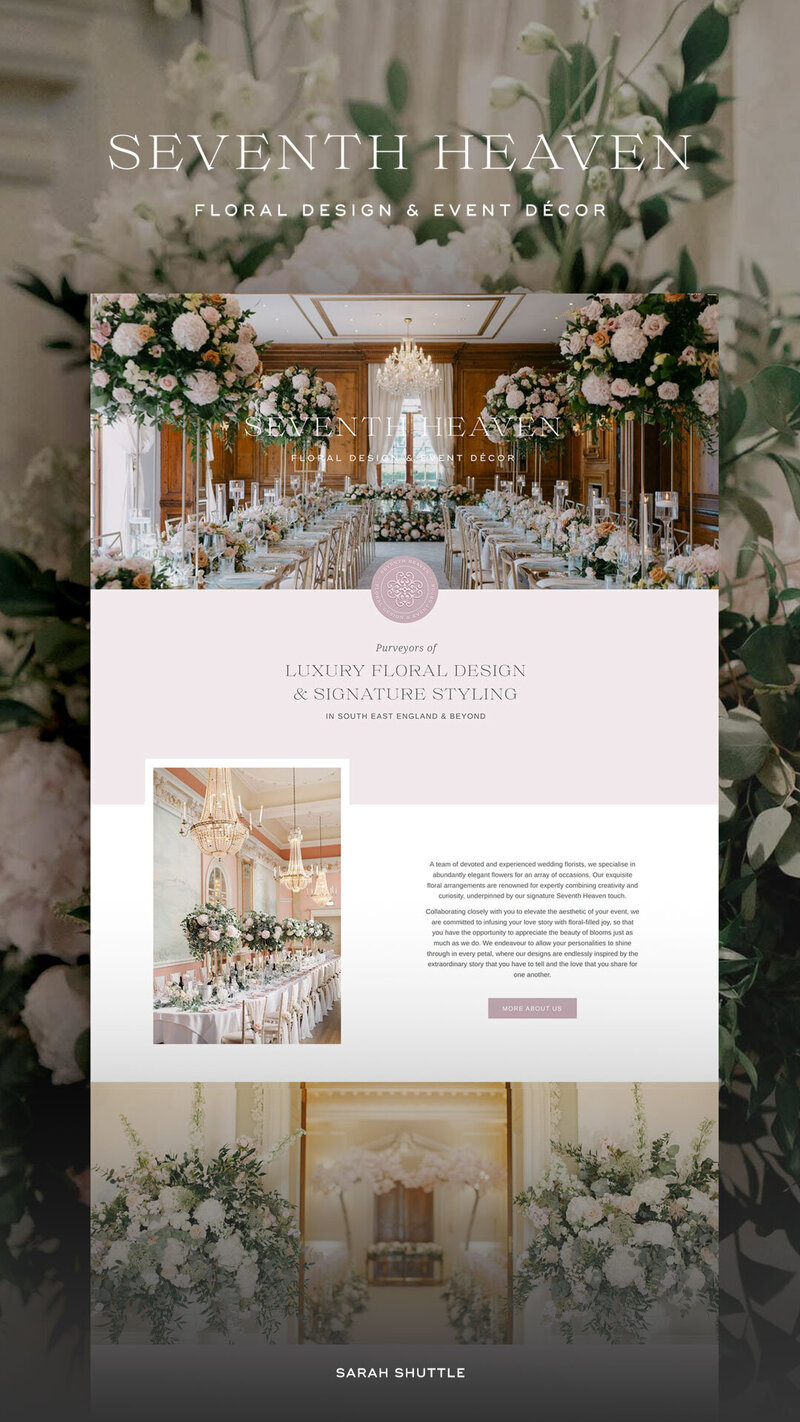 Full-length website mockup over floral photo background, created for Seventh Heaven by Sarah Shuttle Luxury Brands