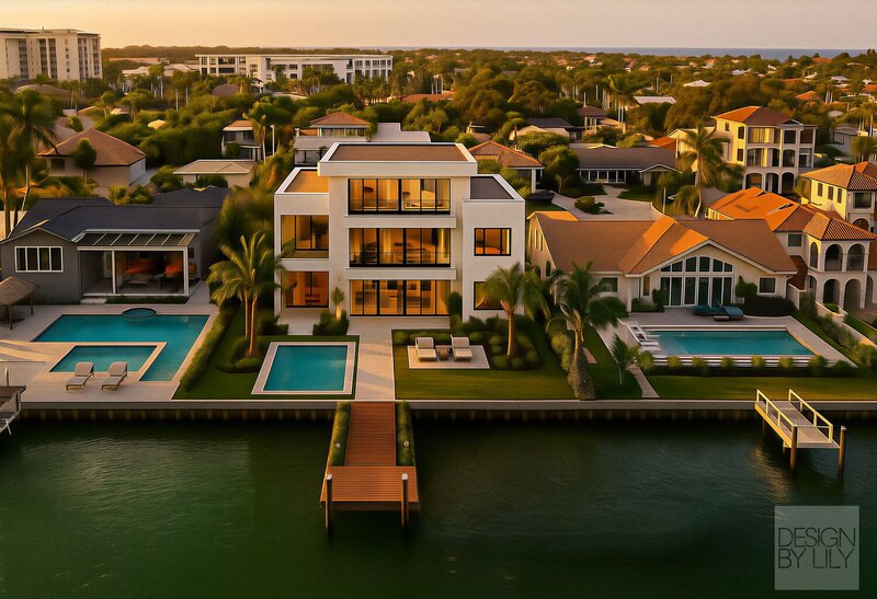 Luxury exterior rendering of a modern home in Tampa Bay