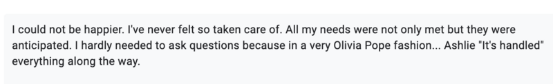 Text feedback that expresses satisfaction, mentioning needs were anticipated and comparing Ashlie's handling of things to Olivia Pope's efficiency in delivering brand identity design services.