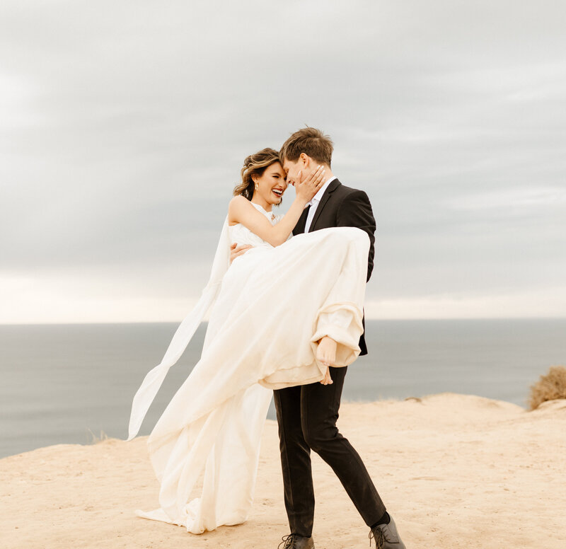 bride and groom at cliffside elopement