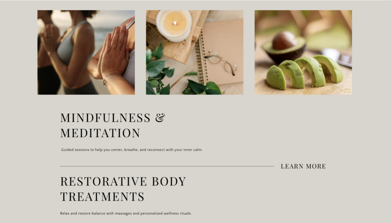 Ava Zen website services design showcasing serene colors and calming user interface for a wellness brand.