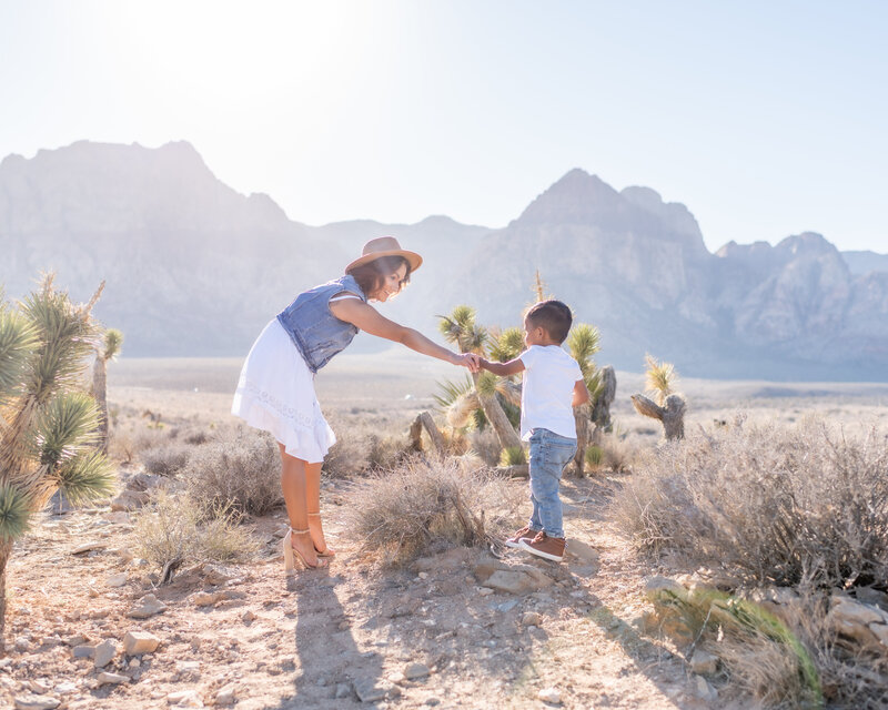 Candid photo of mother and son at Red Rock Canyon