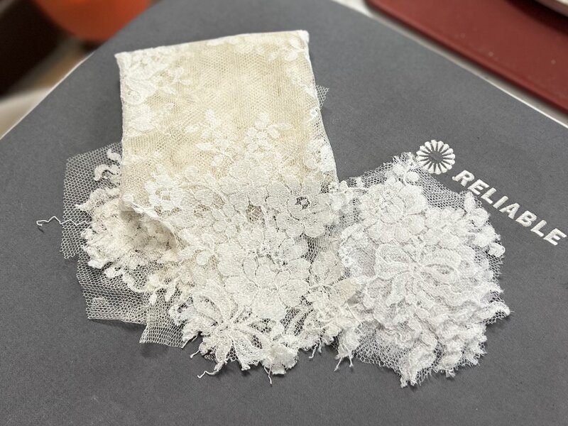 vintage heirloom lace being prepared for a custom bridal veil