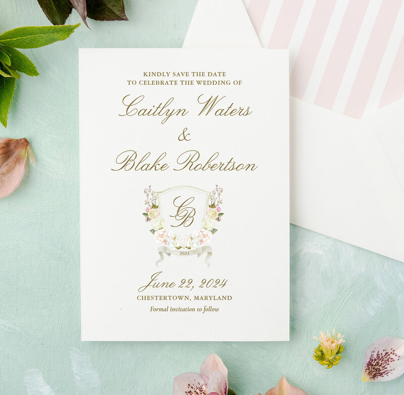 Pink rose and hydrangea watercolor ﬂoral wedding invitation suite
