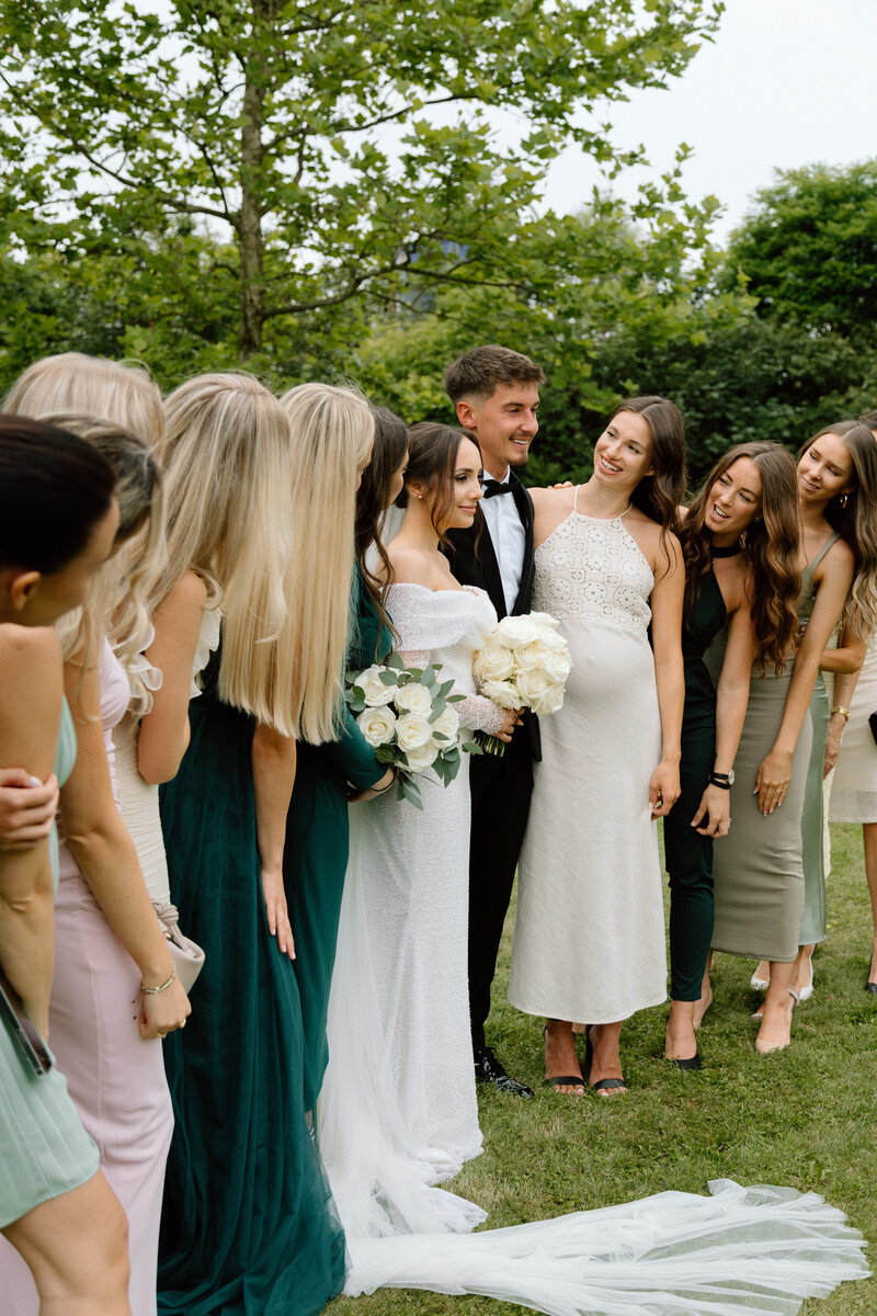 Luxury wedding in Europe – sophisticated bride in a modern wedding gown and groom in a timeless suit.