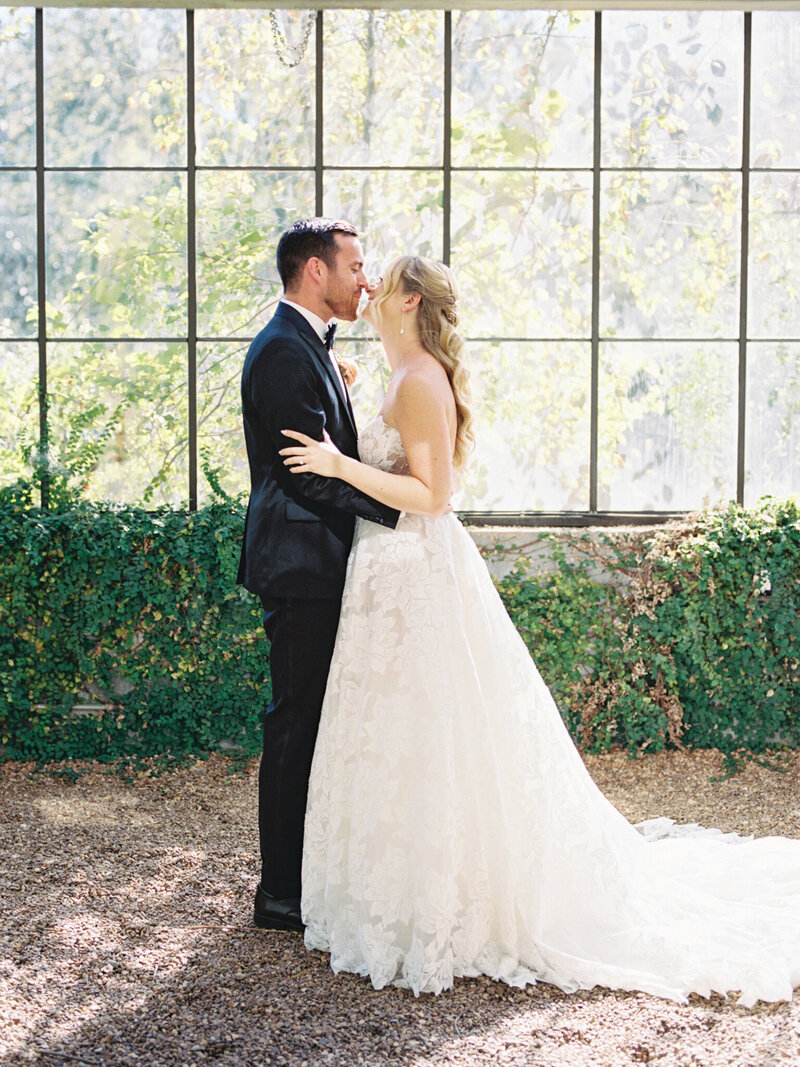 bride & groom snuggle in a light filled green house on a fall day