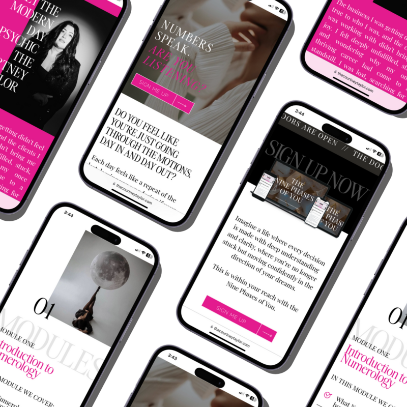 A collection of smartphones displaying pink and white pages, showcasing a premium Showit website design.
