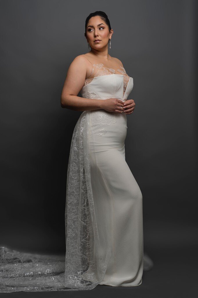 Silk white column wedding dress with detachable lace train