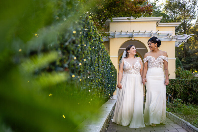 laotian bride in off the shoulder white gown with a curvy white bride in a spaghetti-strap gown holding hands and smiling at one another in a green hedge garden