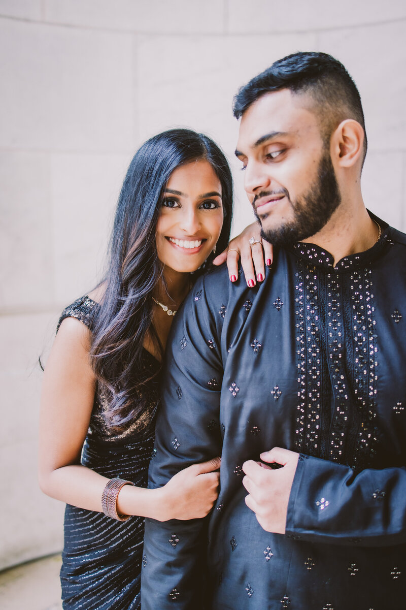 Engagement couple in black indian clothes at the new york public library