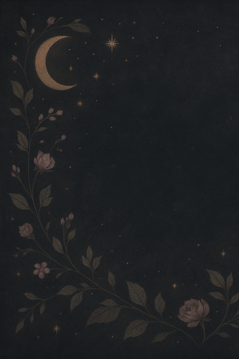 Dark Navy background with moon, stars, flower details
