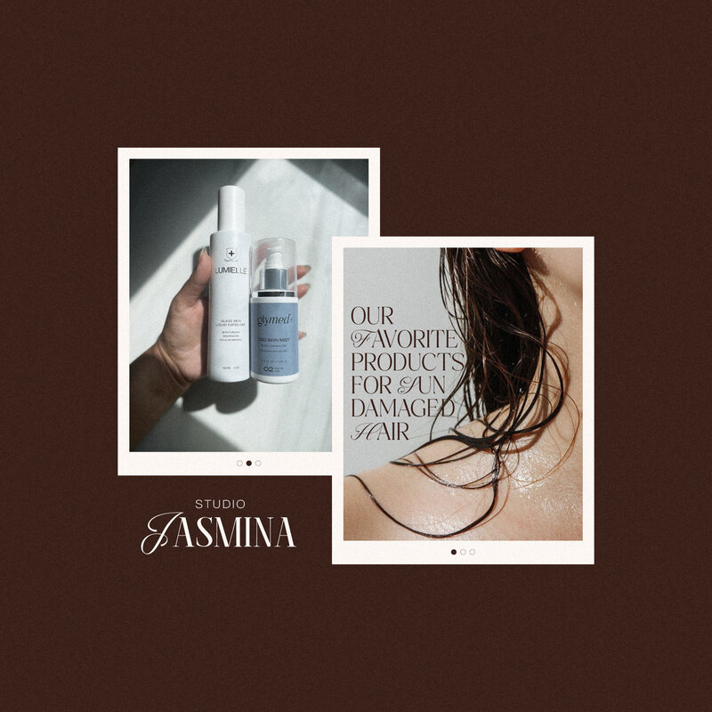 Scroll-stopping social media templates and branding for a small hair saloon. The social media posts shows products for sun damaged hair. They lay on top of a dark brown background, with the saloon's logotype underneath.