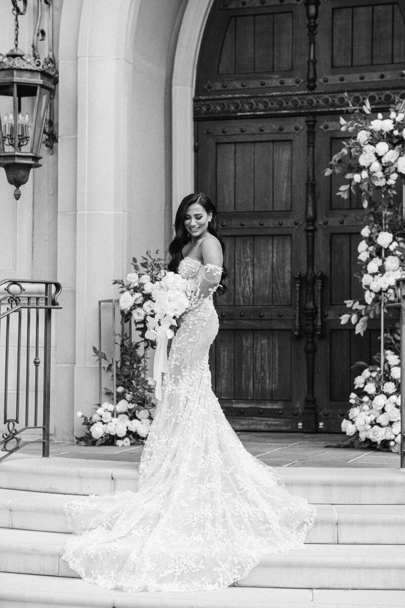 Fashionable and stylish black tie spring wedding with white roses and orchids, Berta wedding gown, and YSL bridal shoes at an Estate with French-inspired architecture and ambiance | Park Chateau Estate and Gardens | East Brunswick NJ | Denise Marie Photography | Editorial Wedding Photographer based in Philadelphia PA