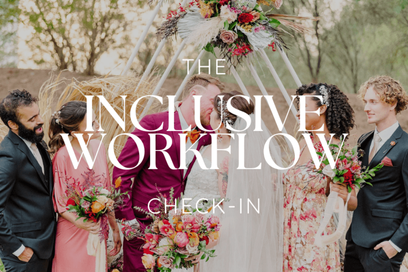 Diverse wedding party smiling around a couple at the altar, used as the cover image for the Inclusive Workflow Check-In freebie for wedding photographers.
