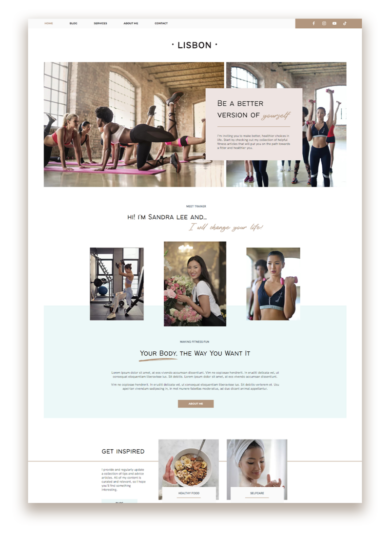 The Lisbon Wix Template is a modern and bright website template crafted for athletic brands, fitness coaches, and professionals.