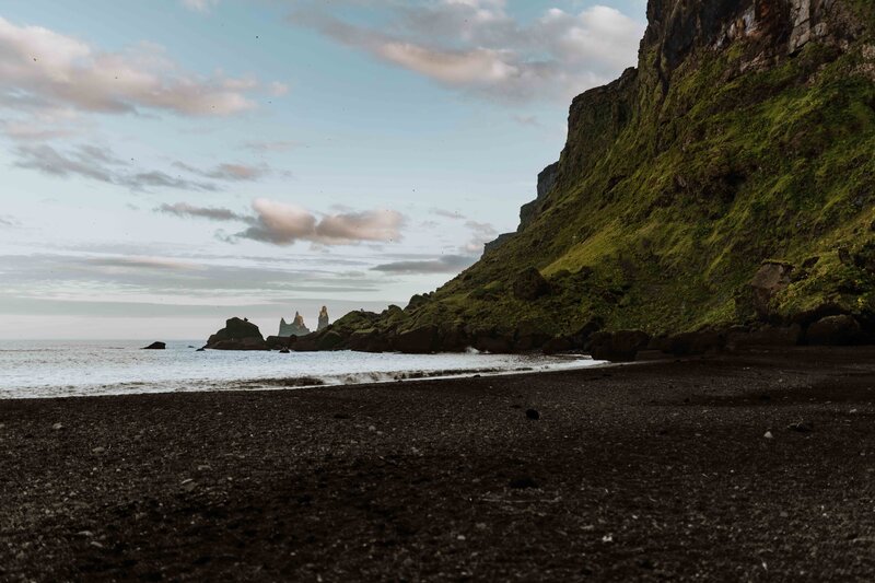 Landscape of the black sands beach in Iceland.