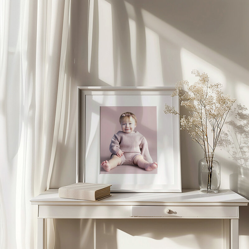 one year old baby dressed in pink for her first birthday portraits framed in a cream wood frame sitting on a desk.