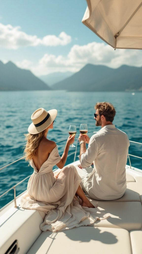 Couple clinking wine glasses aboard a yacht in the turquoise Caribbean waters on their honeymoon.