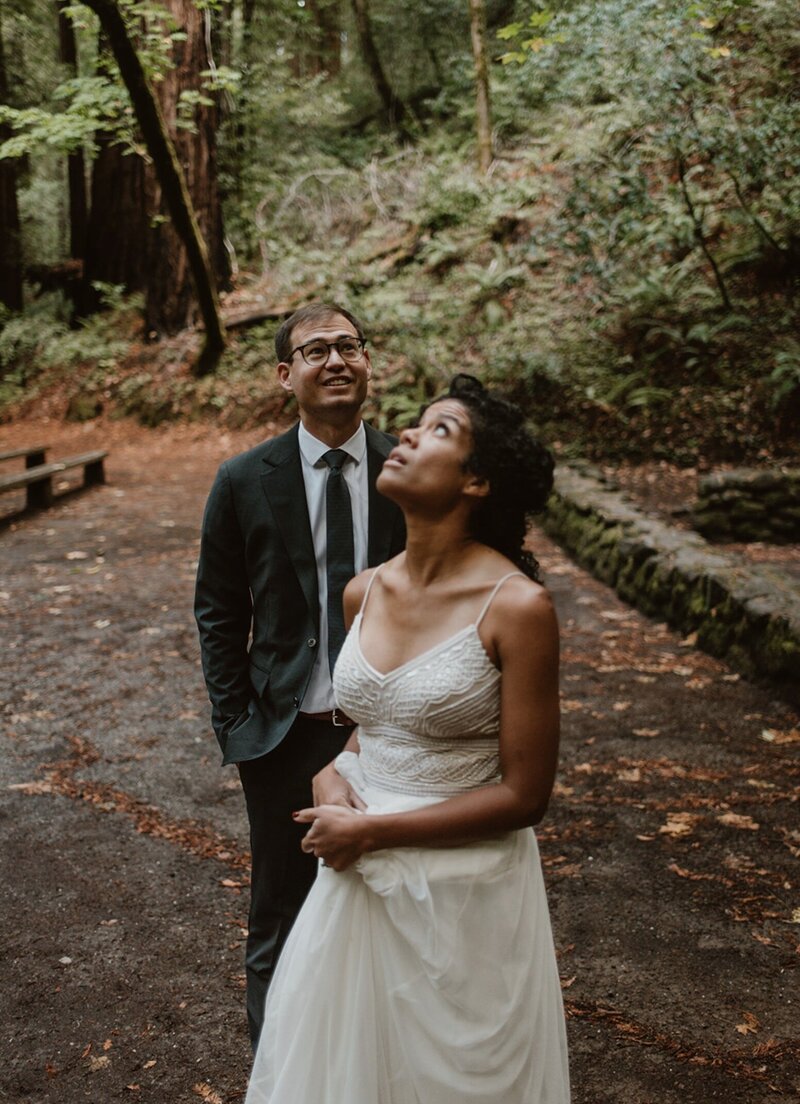 A couple stares up at the redwood forest canopy of Armstrong Redwoods State Park in awe on their wedding day