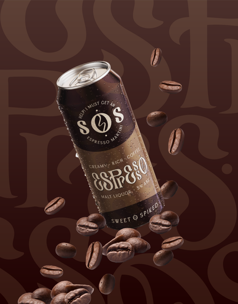 A metallic brown can with wavy text that says "espresso malt liquor" by the brand Sweet and Spiked with coffee beans floating around it