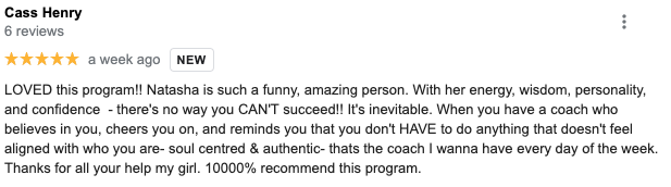 a screenshot of a five star testimonial from one of business mentor natasha zoryk's clients named cass henry