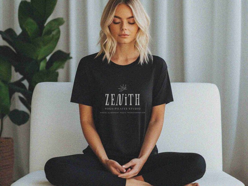A woman in a black t-shirt with "zenith" sits on a couch, representing the zenith yoga and pilates studio vibe.