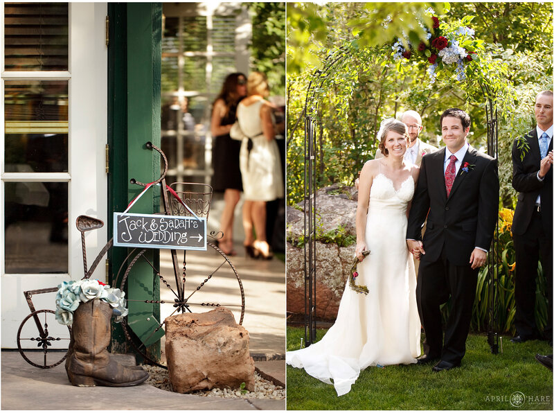 Couple marries in the South Lawn garden area of Greenbriar Inn during summer