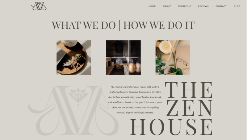 Ava Zen website services design showcasing serene colors and calming user interface for a wellness brand.