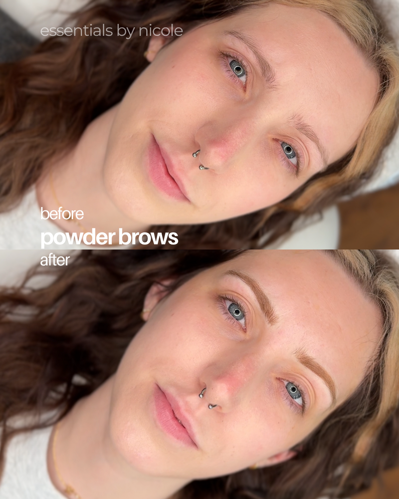 Powder brow tattoo on client with little to no natural brow hair. Results added structure, definition, and balance to her features.
