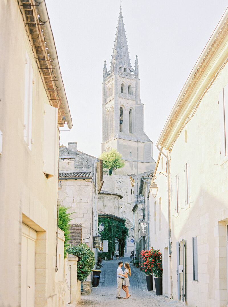 The couple in the picturesque village of St Emilion, near Bordeaux for their proposal engagement photoshoot