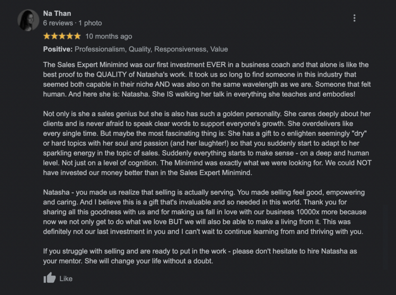 a screenshot of a five star review from one of natasha zoryk's past clients named na than
