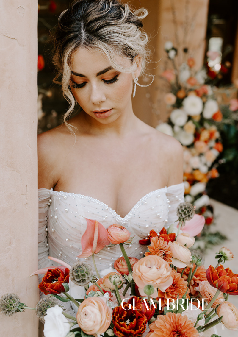Stunning Bella Rae Bridal Model Danielle with Bridal Glam makeup with a pop of peach and textured low bun at Nutting Hill captured by Untamed Creative Photography