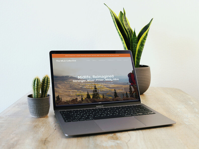 Laptop on a wooden table beside a cactus plant, showcasing a modern Showit website design.