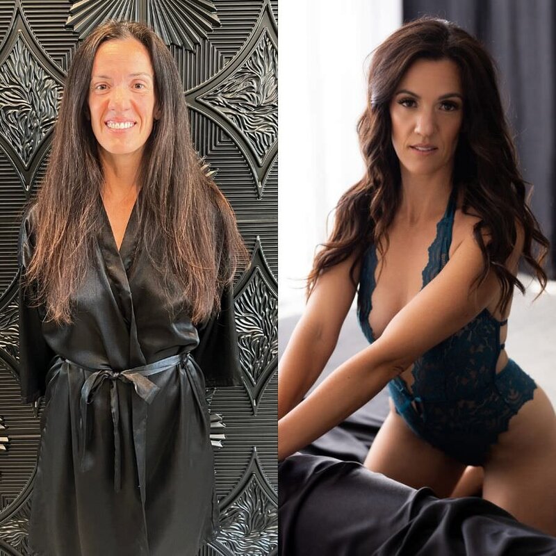 Woman in her 30s posing before and after her boudoir session