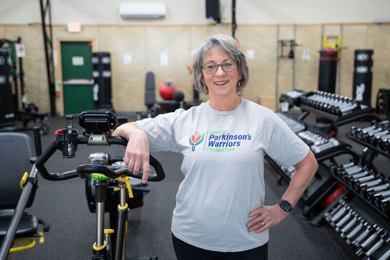 OPWF Founder, Lori Havas, in the  warriors gym in Eugene, representing her role in building this invaluable Oregon Parkinson's resource.