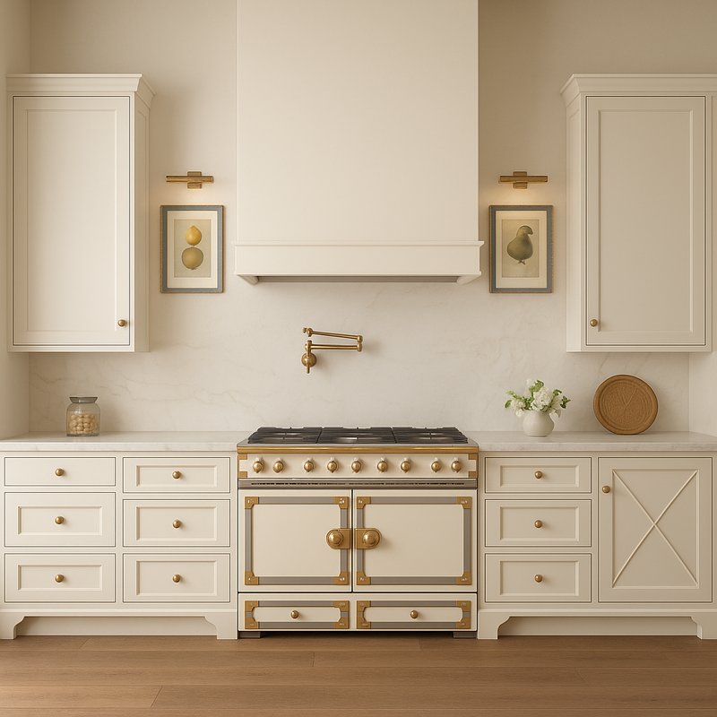 Rendering of a farmhouse kitchen with a French range, creamy cabinetry, gold accents and artful decor by Sister Studio