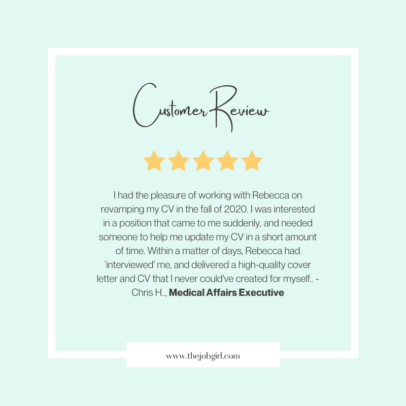 5-star client review for The Job Girl from high-achieving professionals in pharma, biotech, life sciences, and executive leadership roles.
