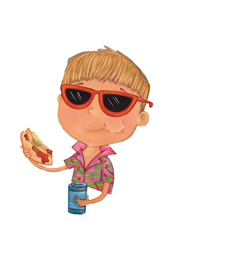 Character from children's book, The Ketchup Boss, eats a hotdog wearing sunglasses.