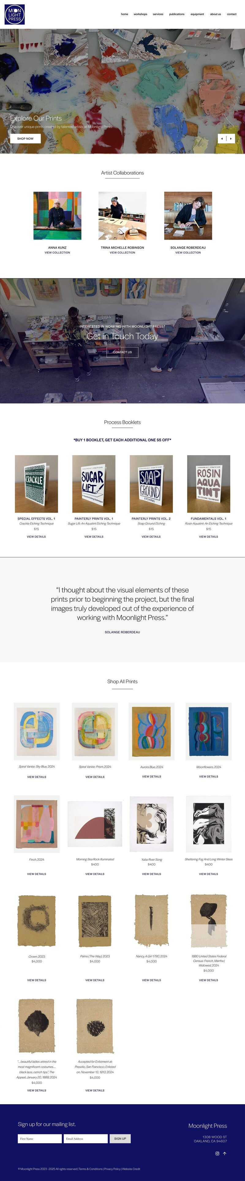 Custom Showit website design for Moonlight Press, a woman-owned printmaking studio, featuring e-commerce storefront.