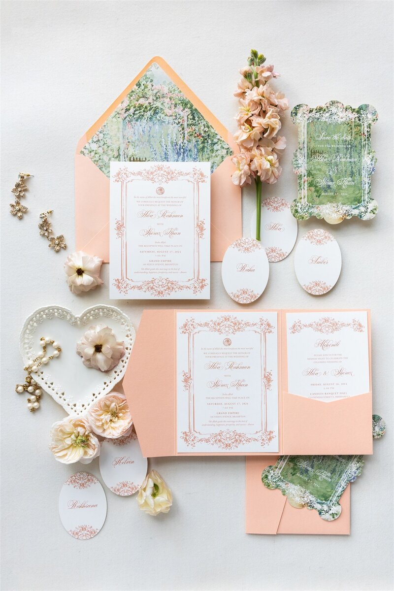 Peach pocket-fold wedding invitation G Designers