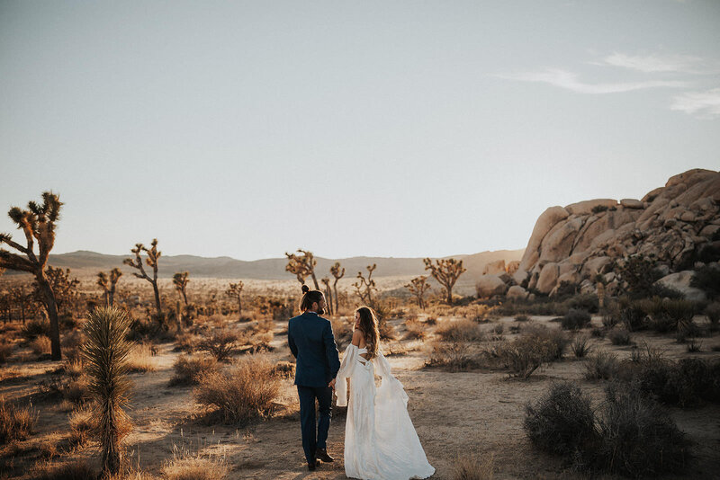 bride and groom holding hands in desert