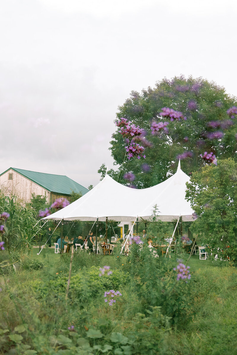 double exposure photo of tent at wedding reception with purple flowers