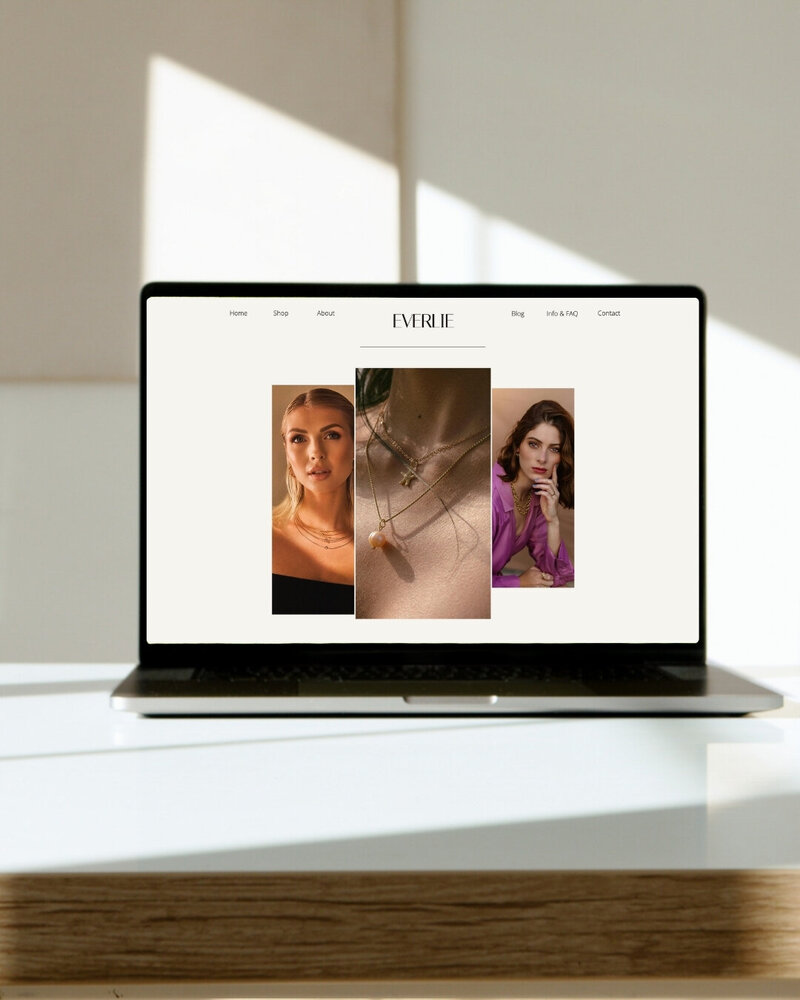 Laptop displaying an elegant jewelry e-commerce website, used to promote full service SEO strategy packages for small brands and online shops.