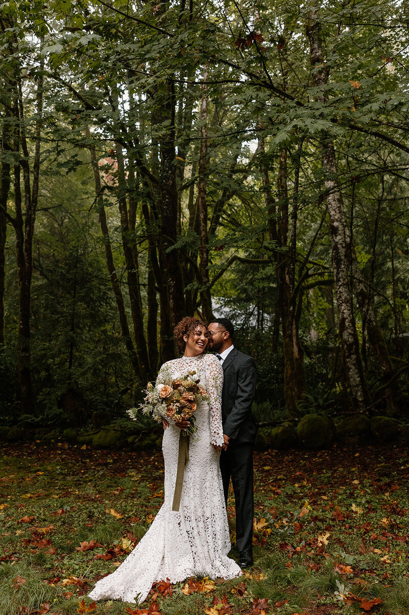 Bride and groom eloping in mount hood national forest.