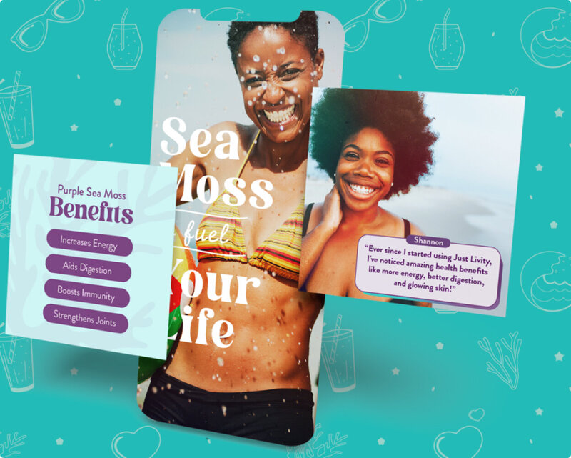 Instagram posts and story template showing lifestyle of happy women at the beach and a callout for sea moss benefits.
