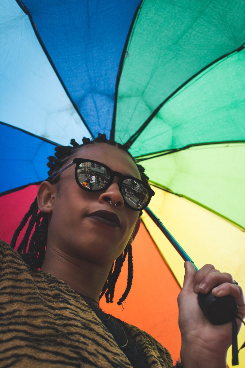 Woman with a Rainbow Umbrella and Sunglasses