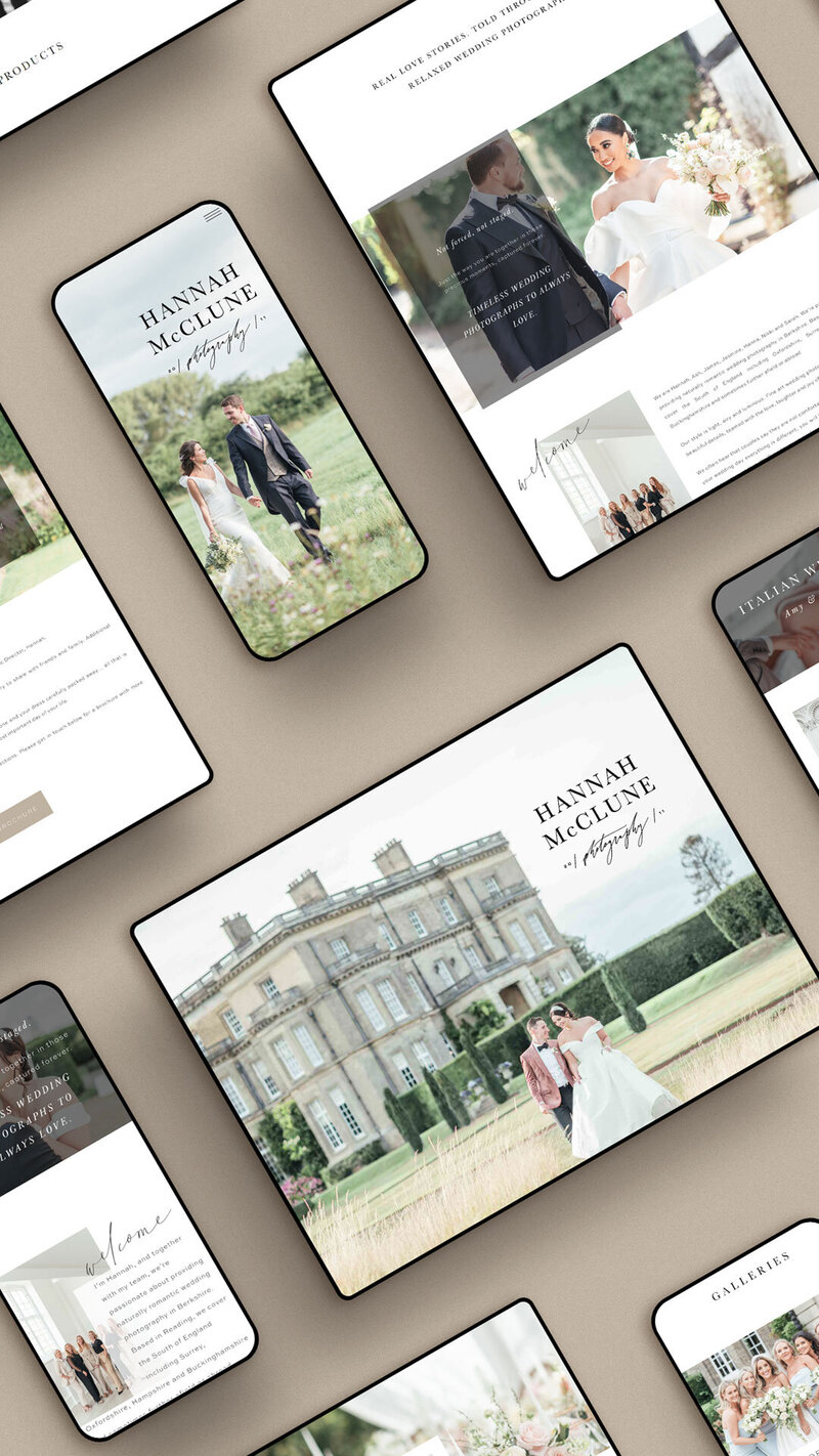 Device mockup of Hannah McClune Showit website design on neutral background