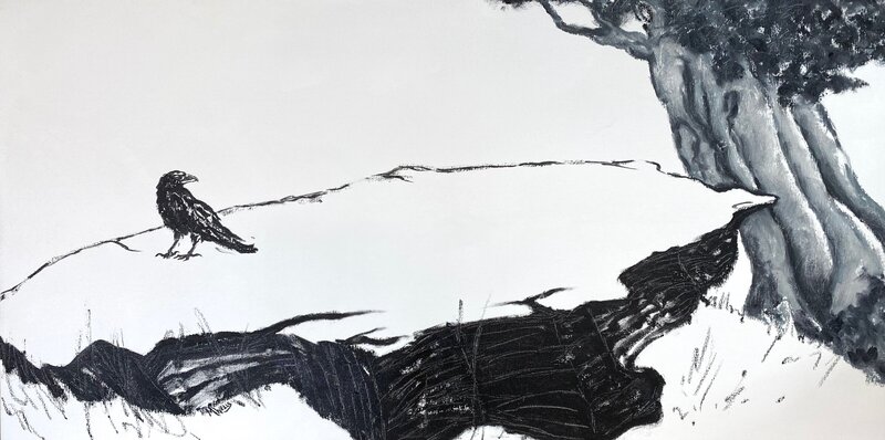 Sumi e oil painting by Marilyn Wells based on wabi sabi in landscape. Oil on canvas.
