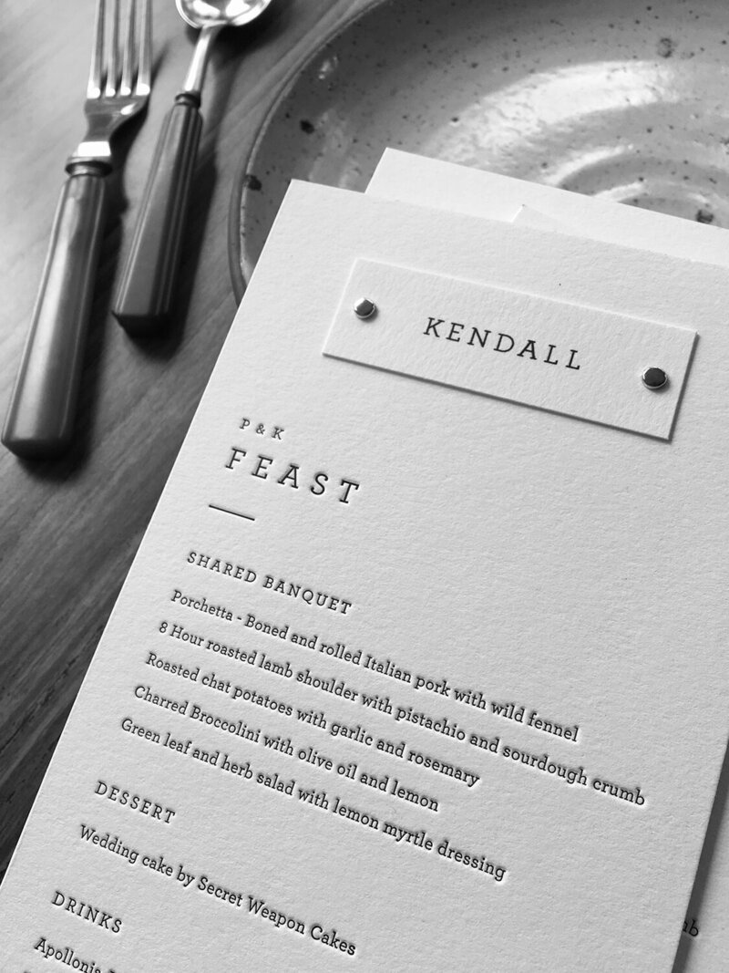 letterpress designer printed menu cards for events and weddings set on table