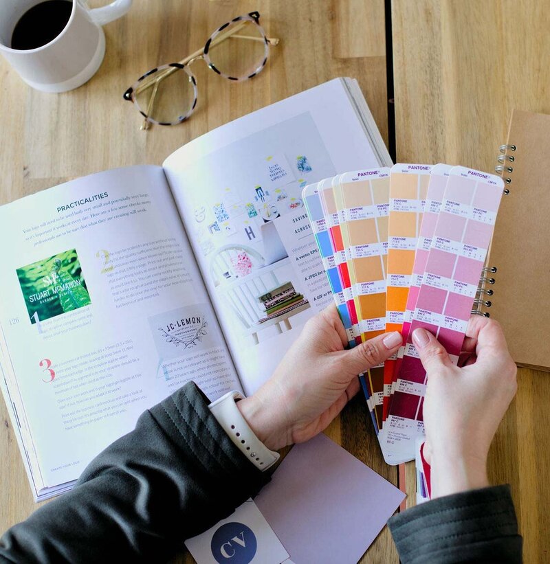 displaying brand colors with color samples, design book
